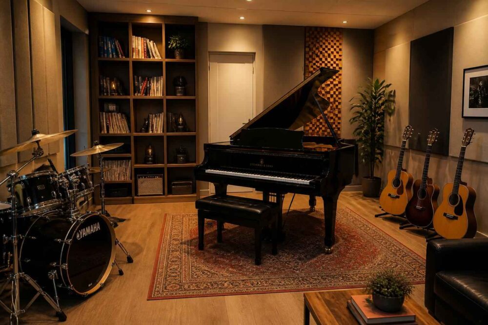 Fortepian na dywanie w domowym studio z perkusją, gitarami i regałem z książkami
