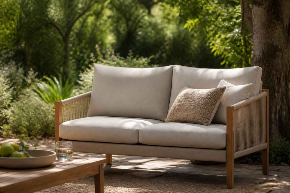 Drewniana sofa ogrodowa z jasnymi poduszkami ustawiona w cieniu drzew na tarasie