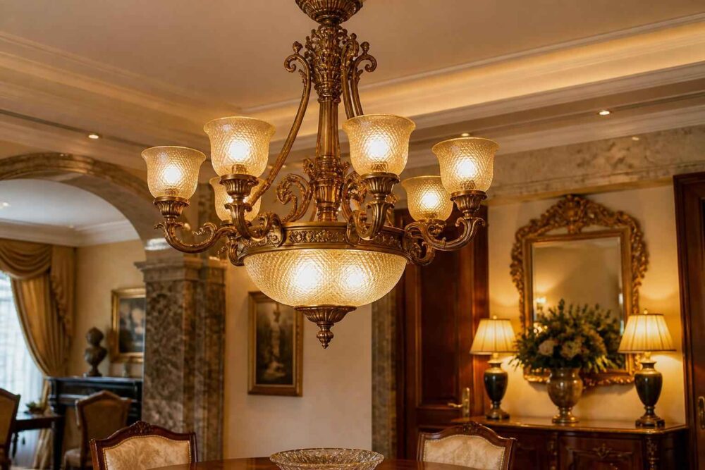 Ozdobny żyrandol nad stołem w eleganckim salonie z lustrami i klasycznymi meblami