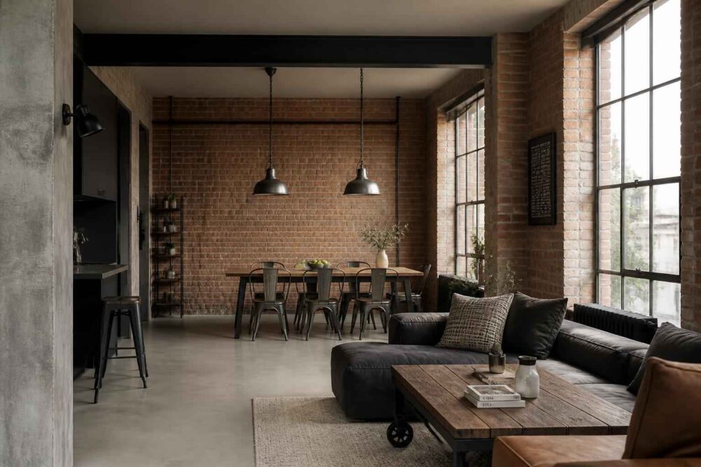 Stylowy salon z ceglaną ścianą, dużymi oknami, sofą i drewnianym stołem w industrialnym wnętrzu