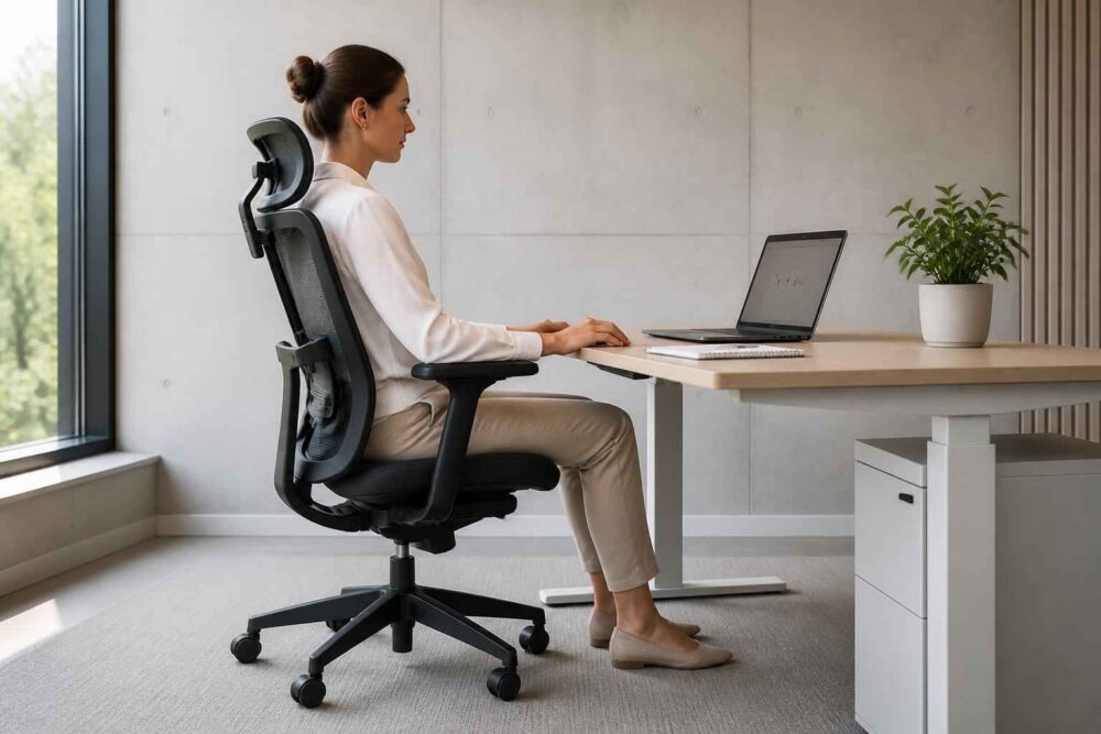 Kobieta siedzi na ergonomicznym krześle i pracuje przy laptopie w jasnym domowym biurze