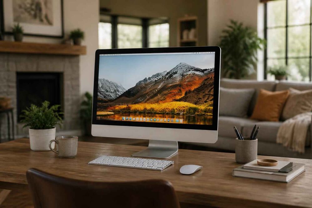 Komputer iMac z górskim krajobrazem na ekranie, stojący na drewnianym biurku w salonie