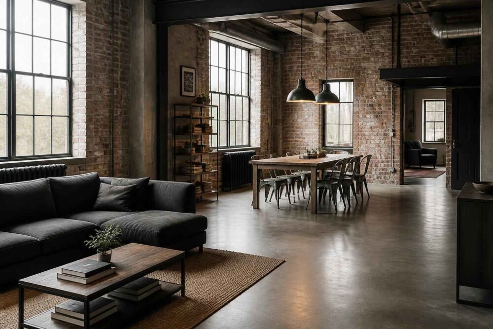 Loftowy salon z drewnianym stołem Ciemna sofa i drewniany stół z krzesłami w przestronnym loftowym wnętrzu z ceglaną ścianą