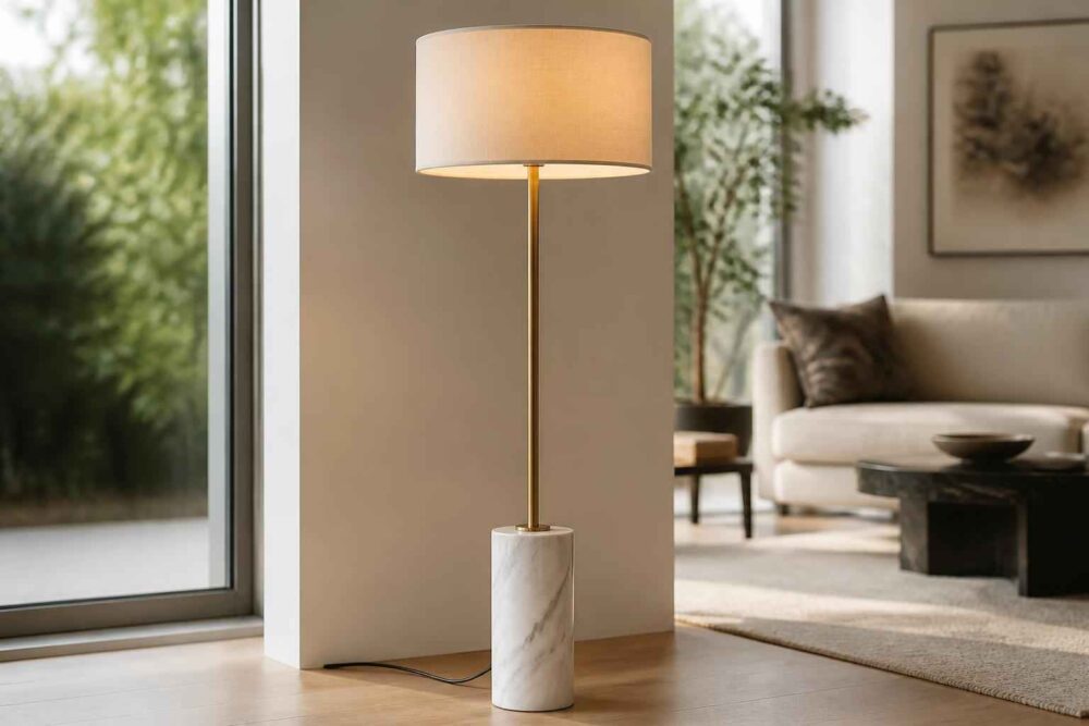 Smukła lampa podłogowa z marmurową podstawą w jasnym, nowoczesnym salonie przy dużym oknie