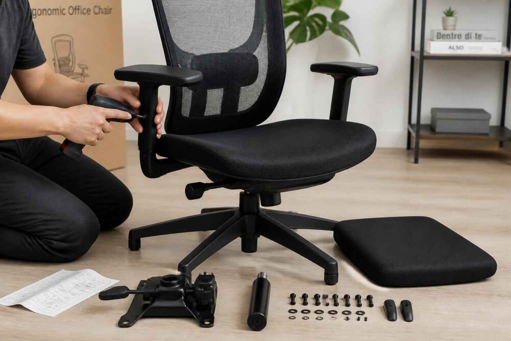 Osoba montuje ergonomiczne krzesło biurowe z rozłożonymi częściami i narzędziami na podłodze