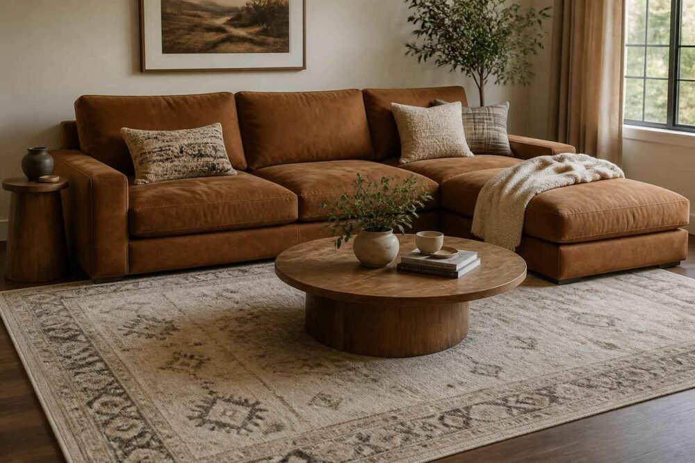 Brązowa sofa z poduszkami i kocem, okrągły drewniany stolik oraz wzorzysty dywan w salonie